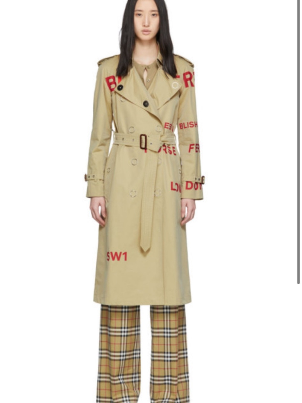 Unisex Burberry Beige Trench Coat with Red Graphic Lettering